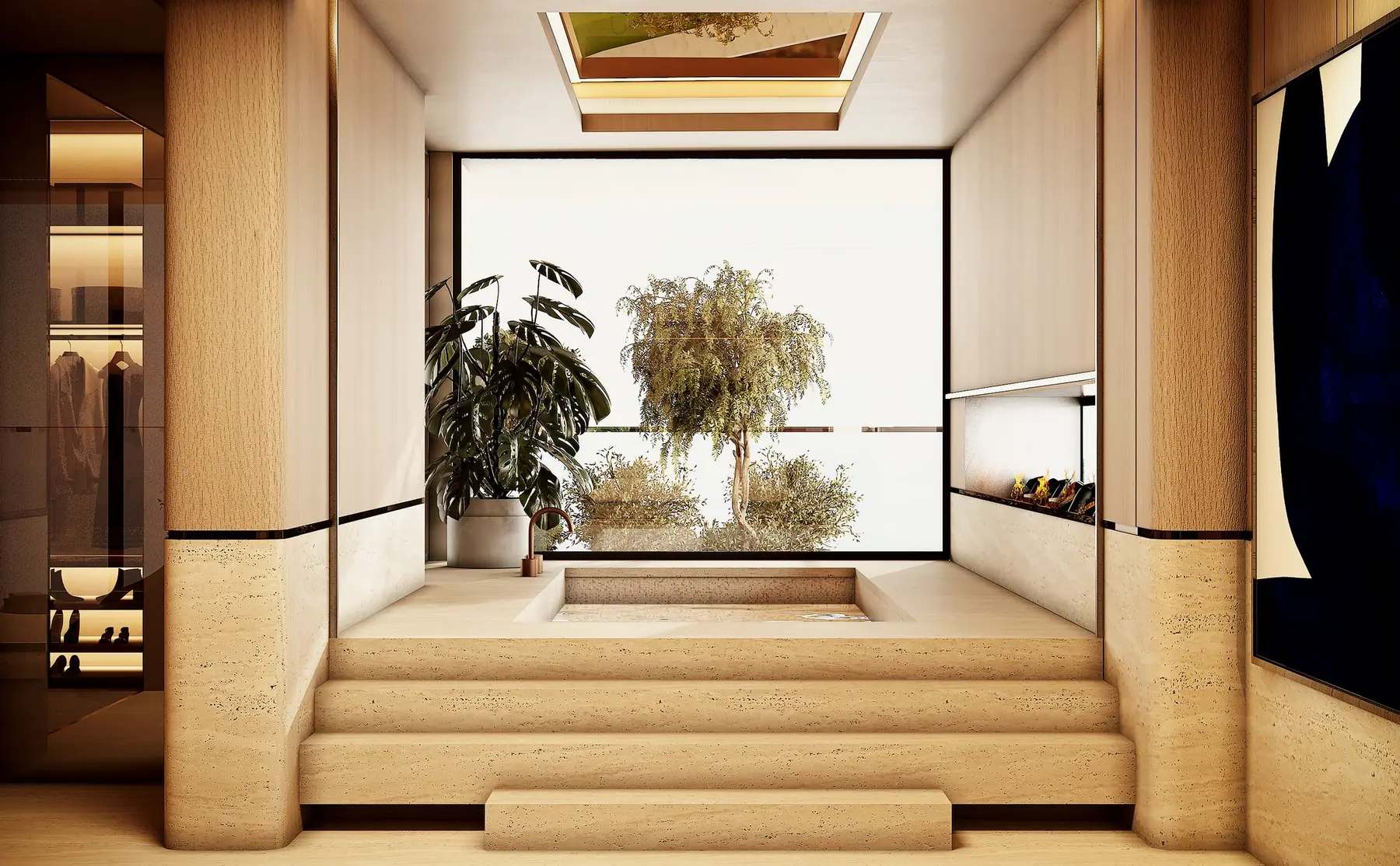 Travertine steps of the sunken bath