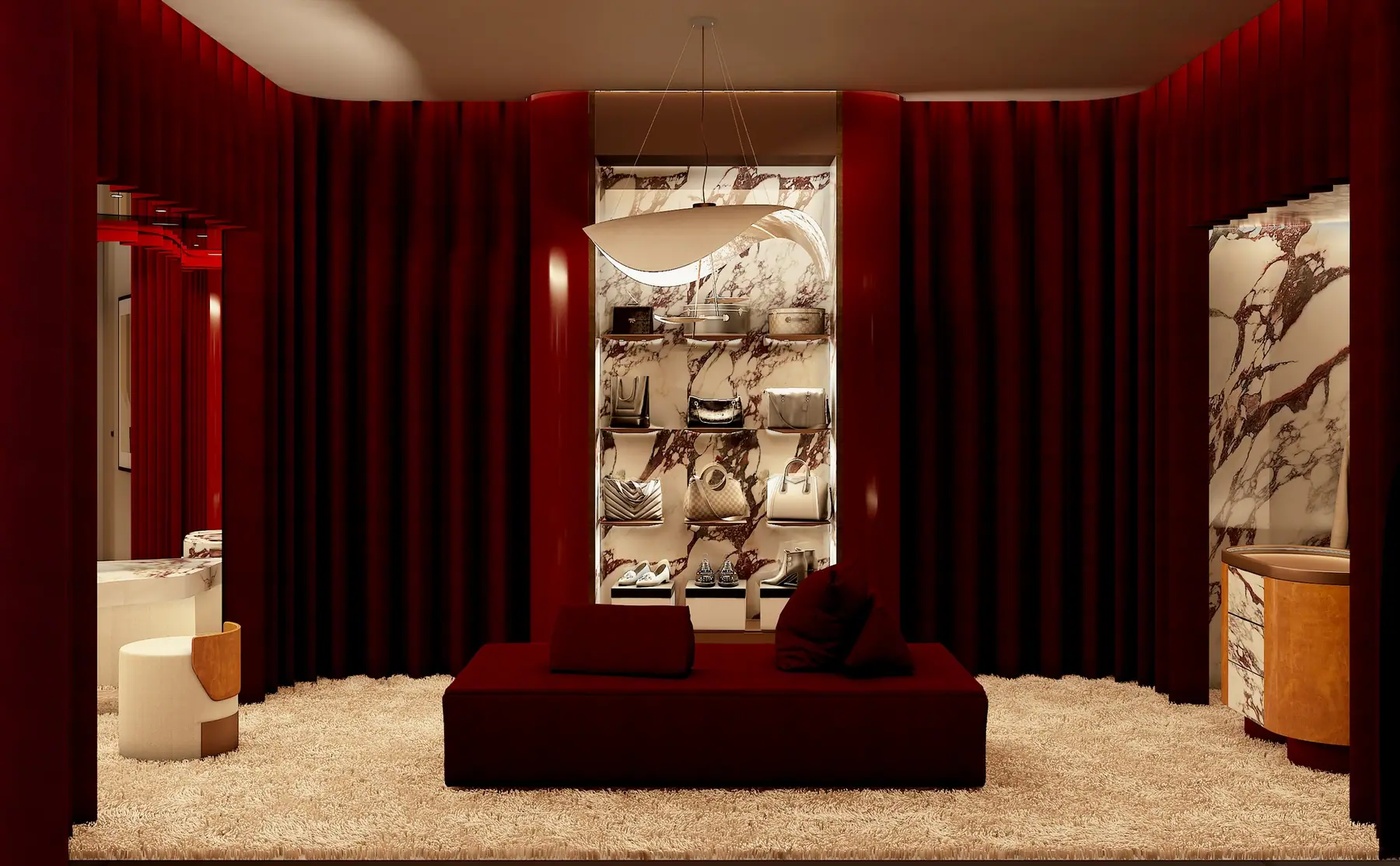 Dressing room framed in deep red velvet