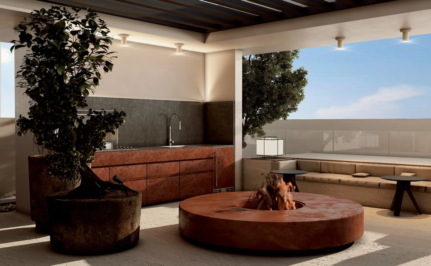 Roof terrace with round fire pit and olive trees