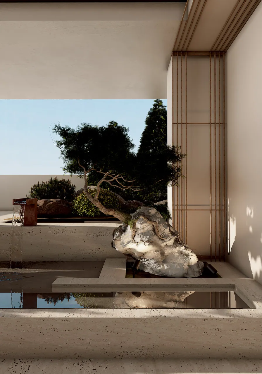 Water garden with bonsai