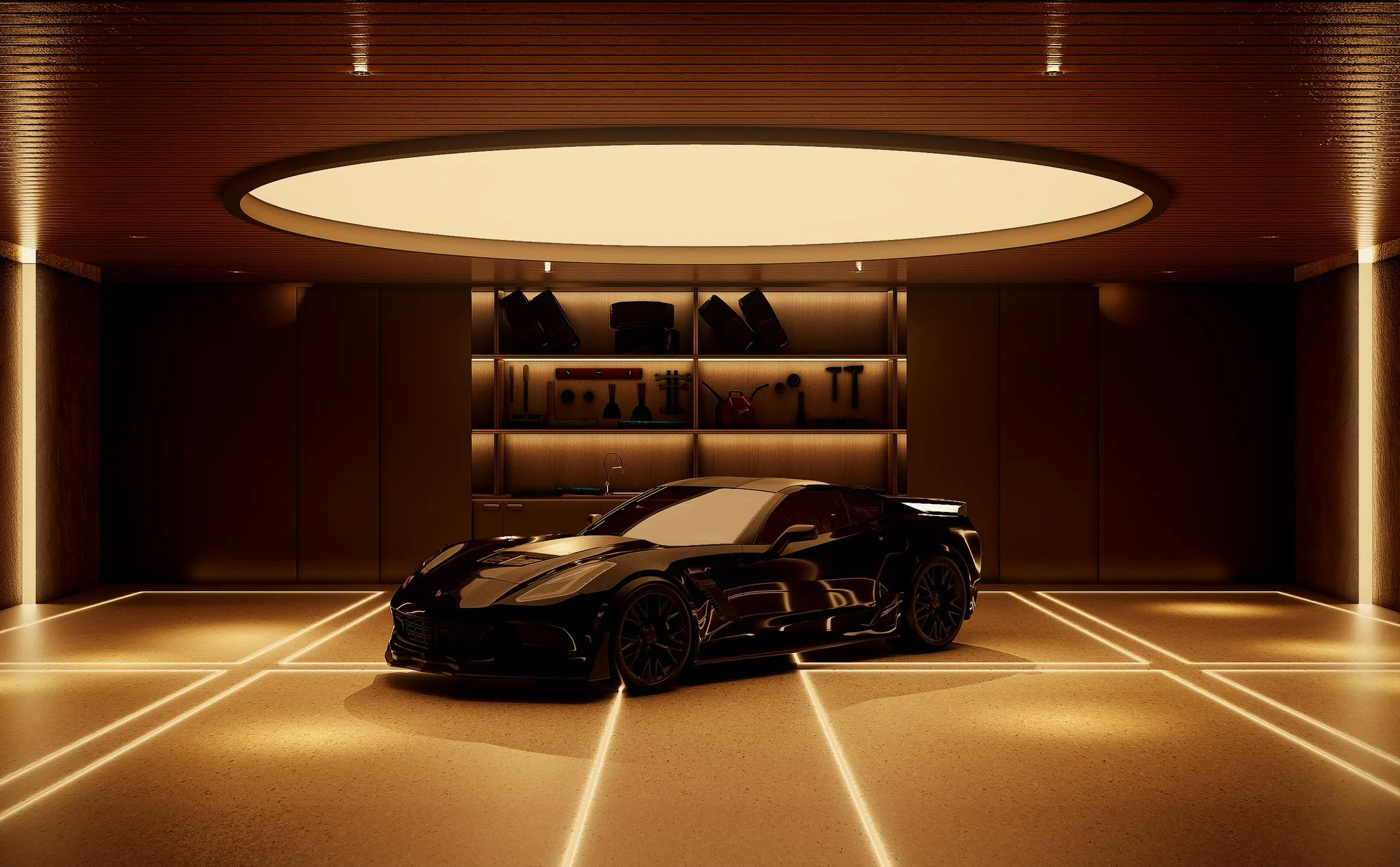 Collector's garage beneath an elliptical light ceiling